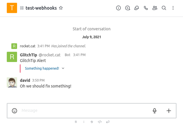 Screenshot of GlitchTip's new webhook notification in Rocket chat