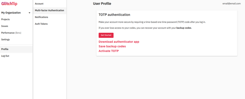 Screenshot of GlitchTip's new MFA registration form.