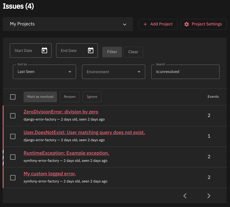 Screenshot of a GlitchTip issues list in dark mode.