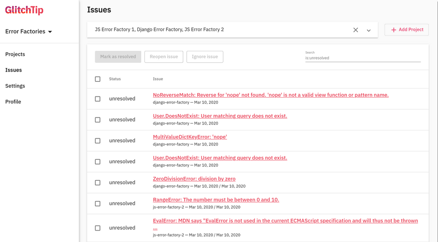Screenshot of GlitchTip's issues list page