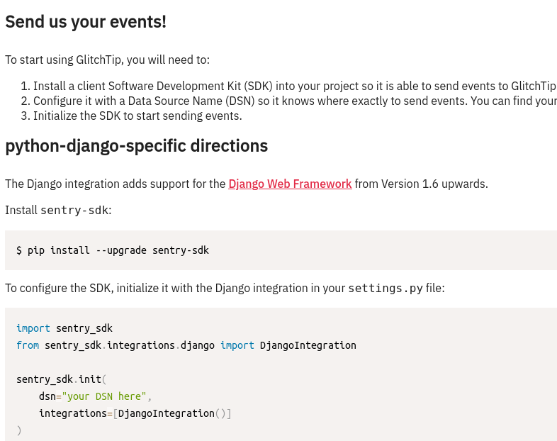 Screenshot of documentation in GlitchTip
