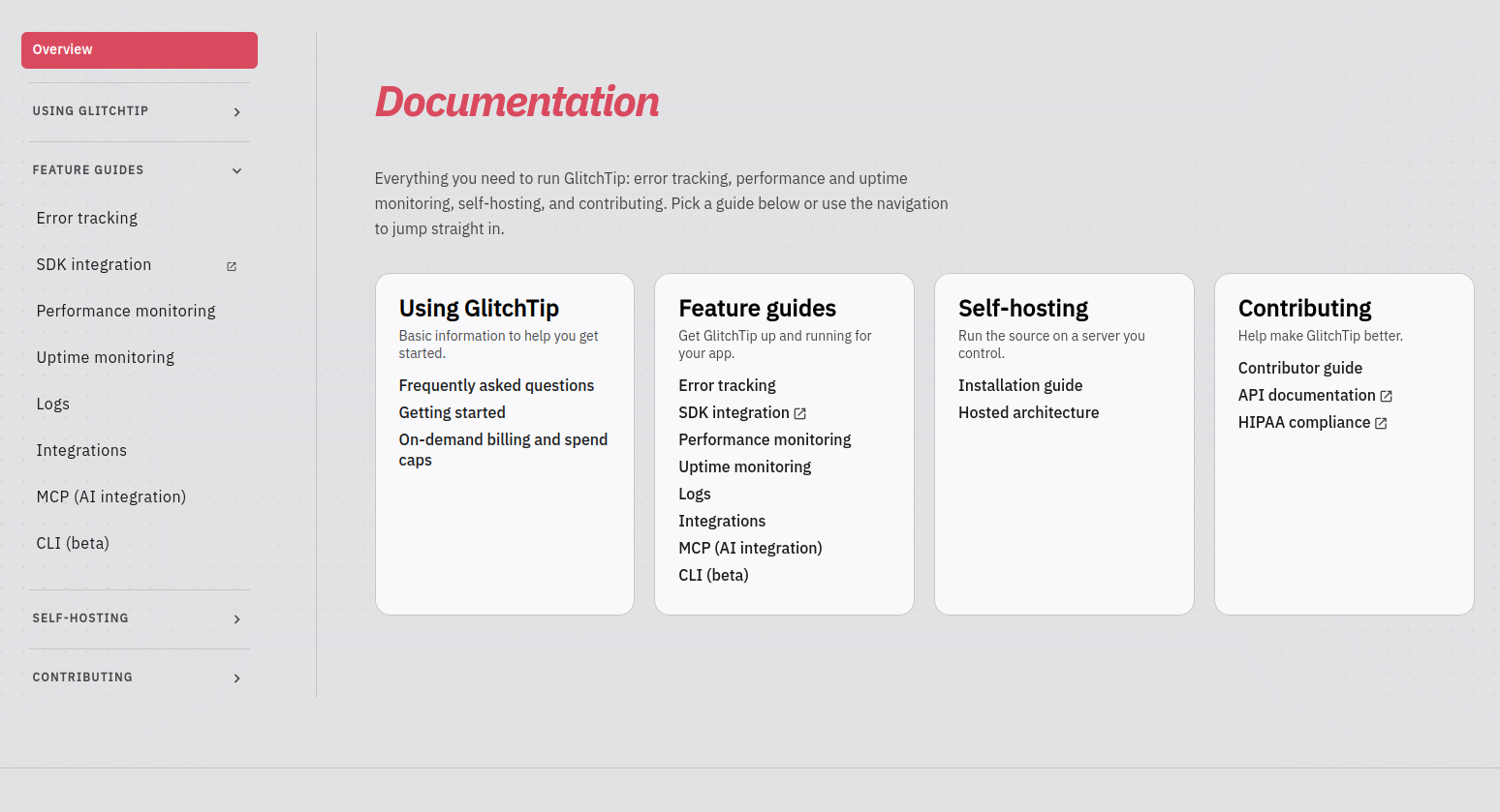 The new GlitchTip documentation page with a sidebar and table of contents