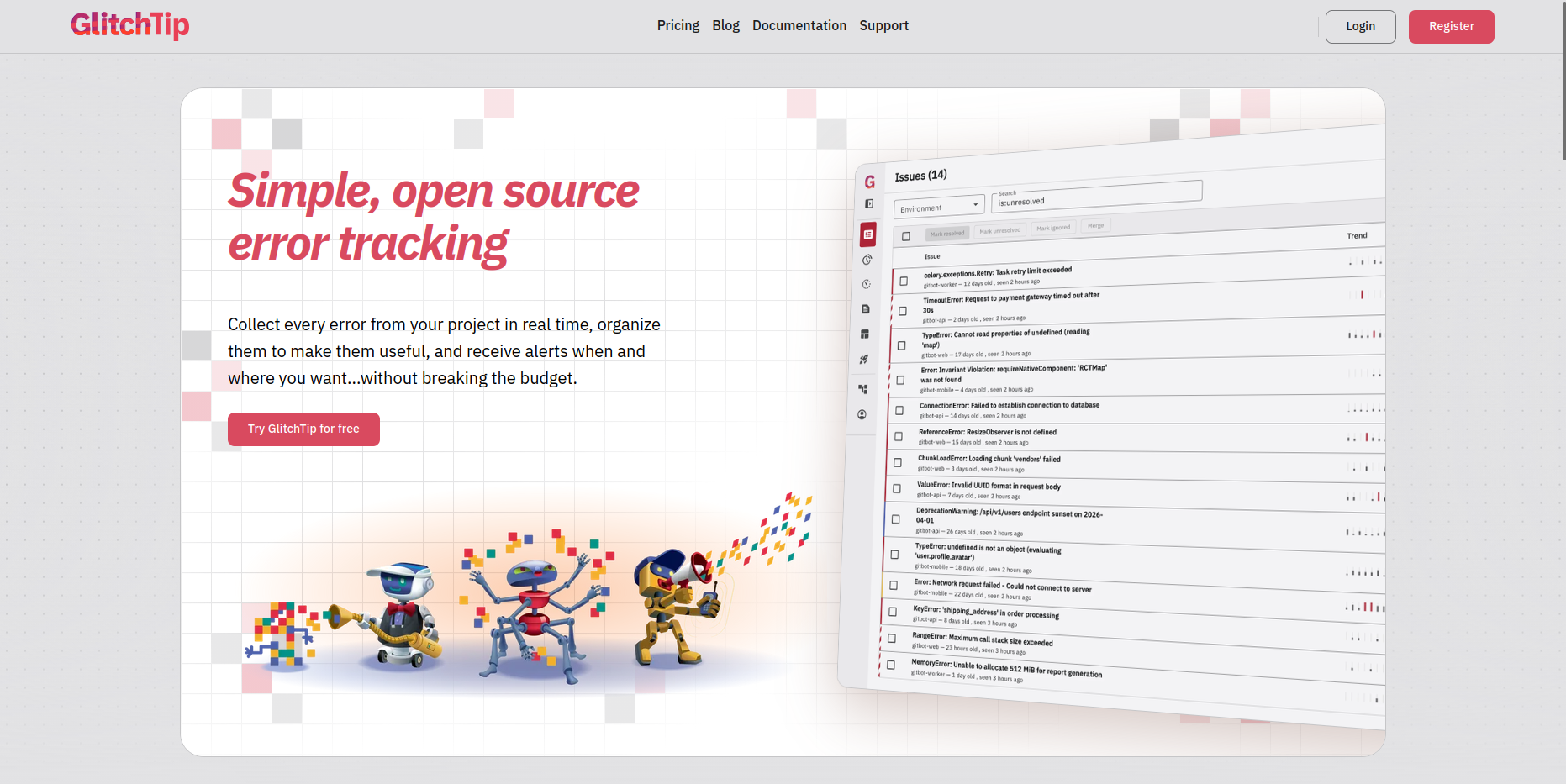The new GlitchTip home page