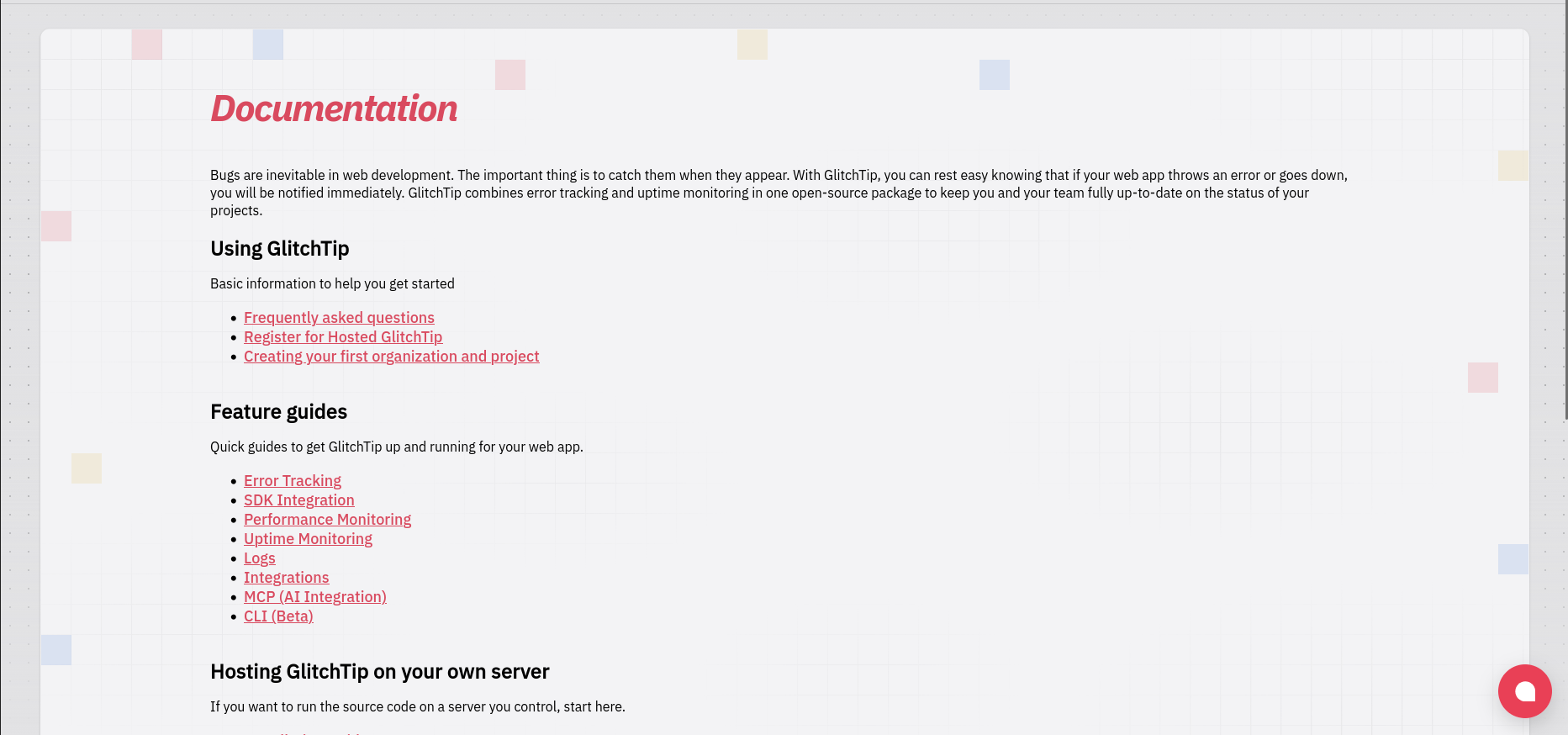 The old GlitchTip documentation page