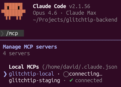 Screenshot of connecting to GlitchTip MCP server.