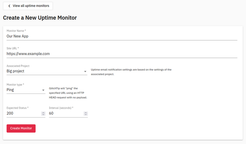Screenshot of GlitchTip's new uptime monitor creation form.