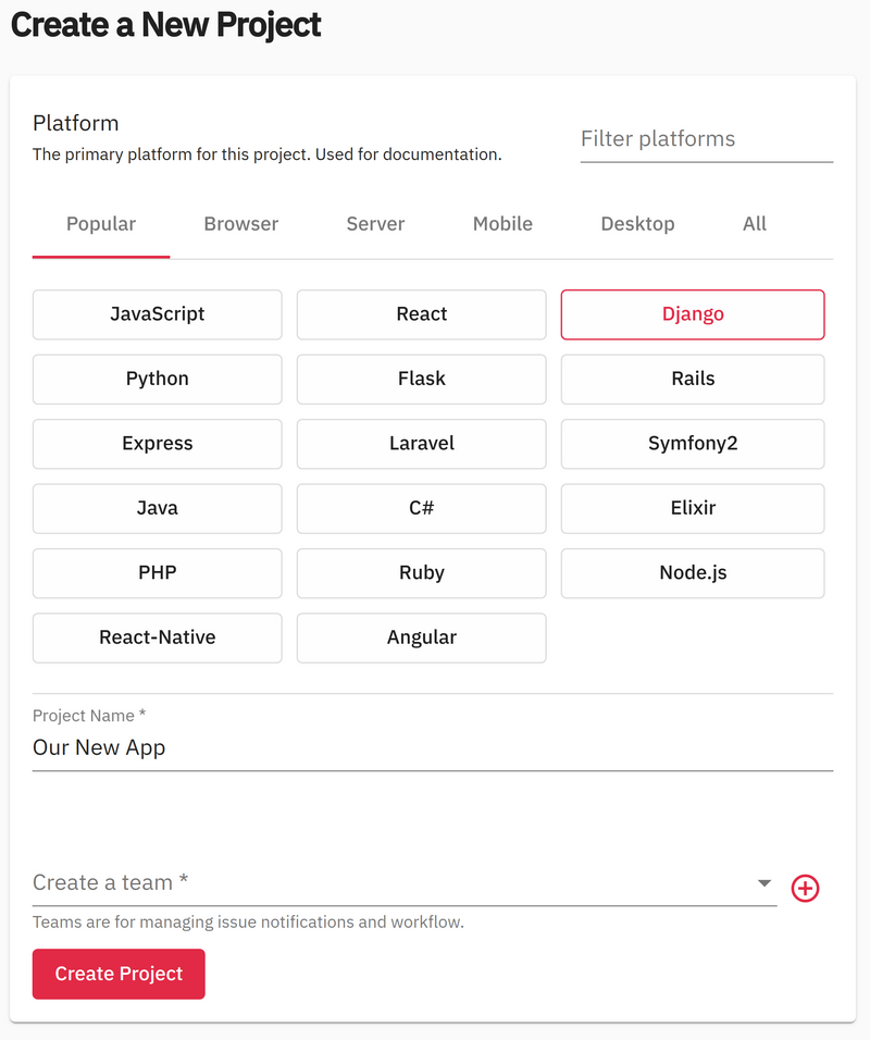 Screenshot of GlitchTip's project creation form.