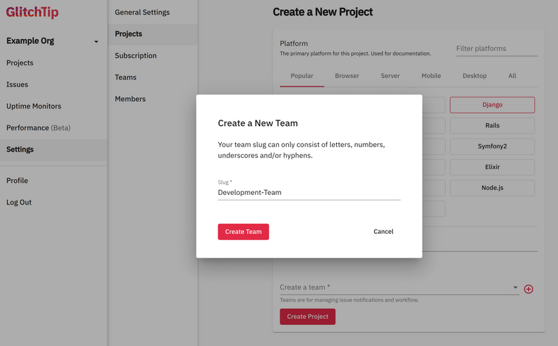 Screenshot of GlitchTip's team creation form.