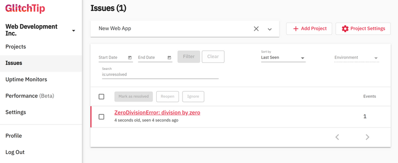 Screenshot of GlitchTip's issues page with a new issue displayed.